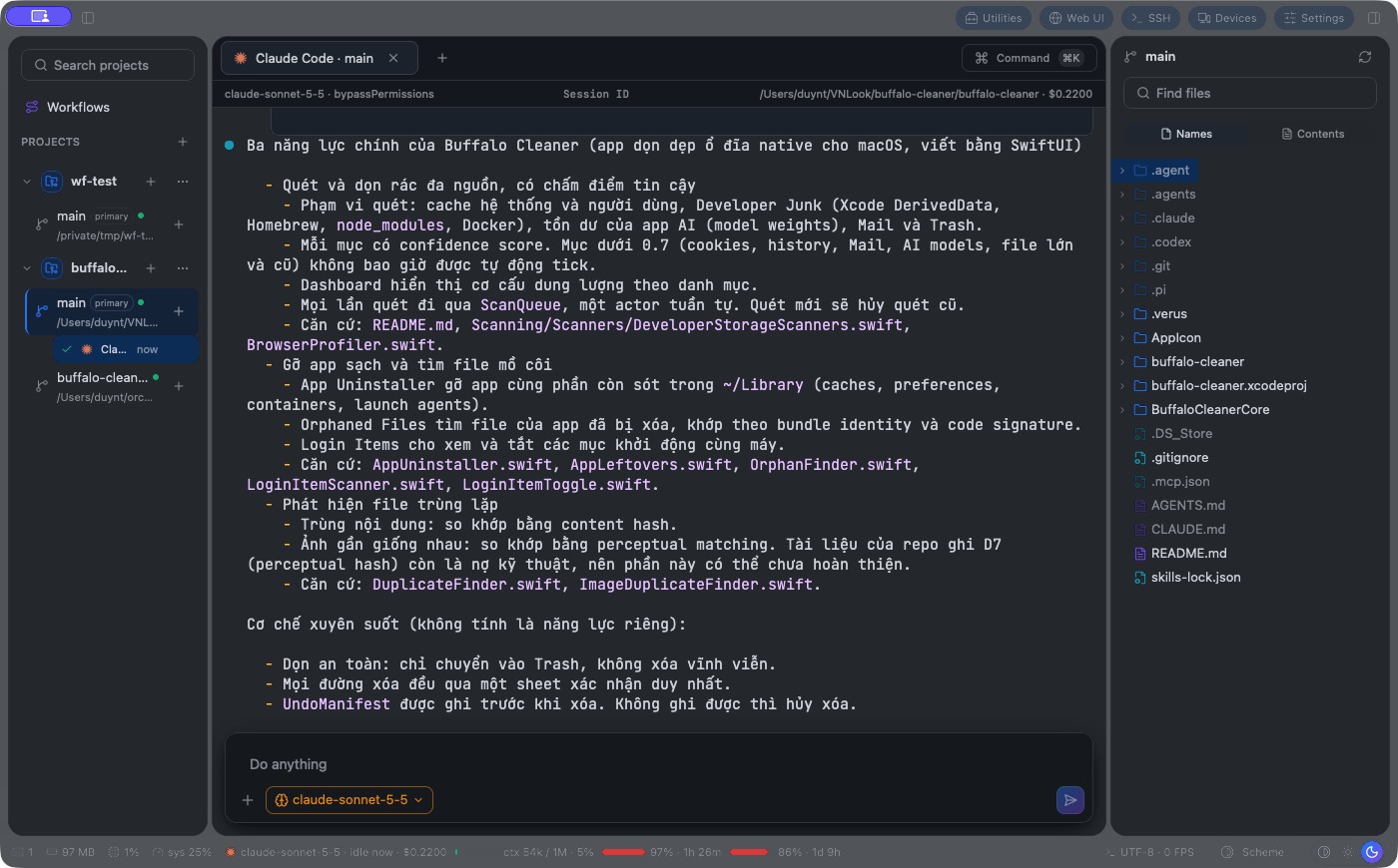 Giao diện Buffalo Agents với tab Claude Code đang tóm tắt tính năng Buffalo Cleaner, sidebar project và worktree, cùng cây file